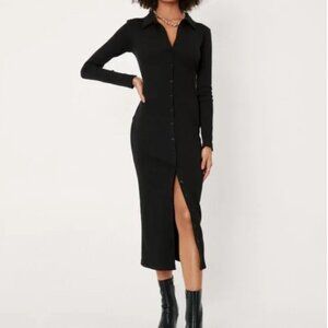 CHARLES HENRY Ribbed Long Sleeve Midi Shirtdress In Black, size S